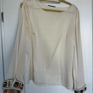 Elie Tahari Cream Silk Embellished Cuff Detail Long Sleeve Blouse